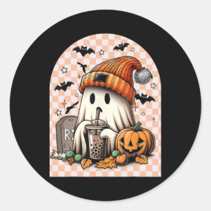 Retro Halloween Cute Ghost Drinking Coffee Pumpkin Classic Round Sticker