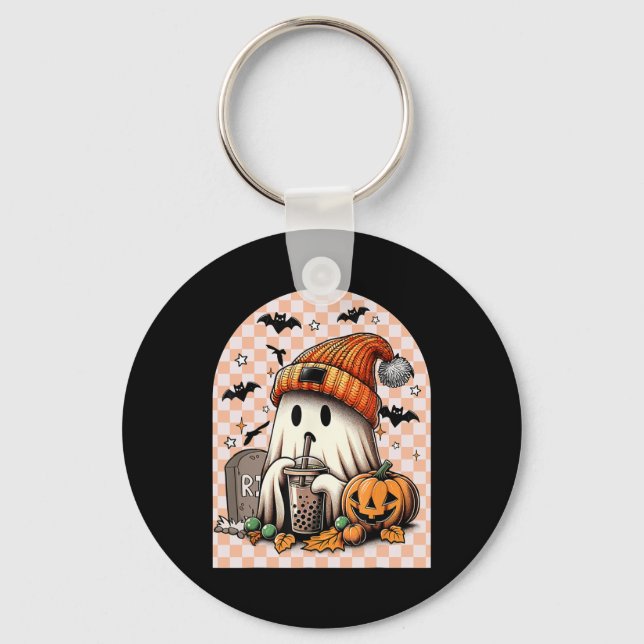 Retro Halloween Cute Ghost Drinking Coffee Pumpkin Key Ring (Front)