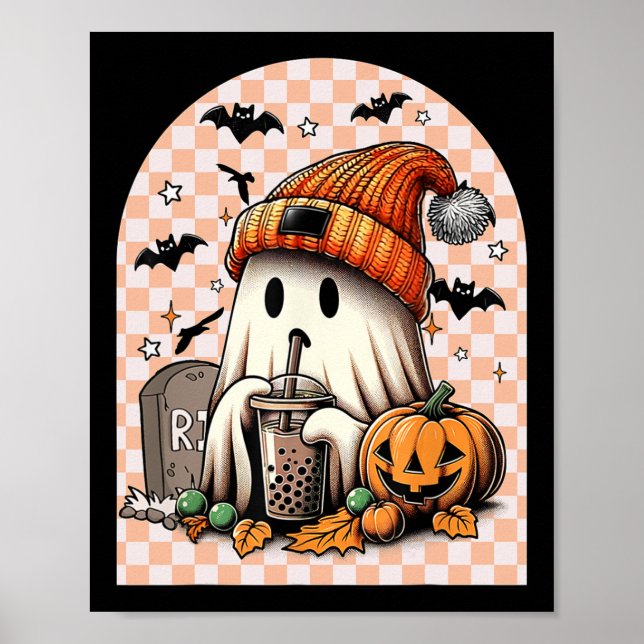Retro Halloween Cute Ghost Drinking Coffee Pumpkin Poster (Front)