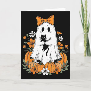 Retro Halloween Cute Ghost Holding Black Cat Flora Card