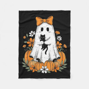 Retro Halloween Cute Ghost Holding Black Cat Flora Fleece Blanket