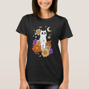 Retro Halloween Floral Cat Happy Halloween Black C T-Shirt