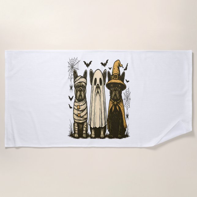 Retro Halloween Ghost French Bulldog Gothic Png Beach Towel (Front)