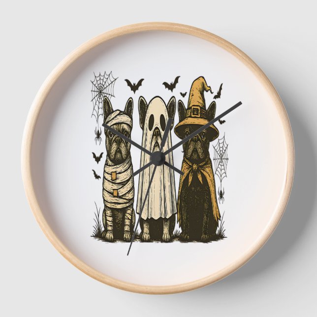 Retro Halloween Ghost French Bulldog Gothic Png Clock (Front)