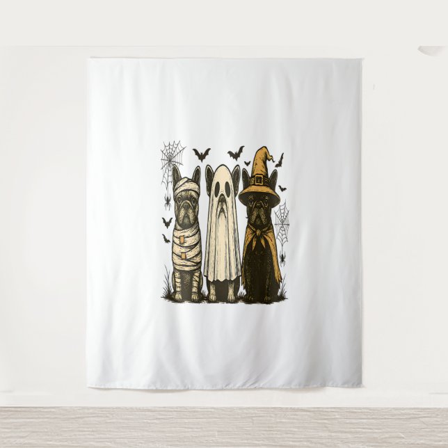 Retro Halloween Ghost French Bulldog Gothic Png Tapestry (Front)