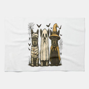 Retro Halloween Ghost French Bulldog Gothic Png Tea Towel