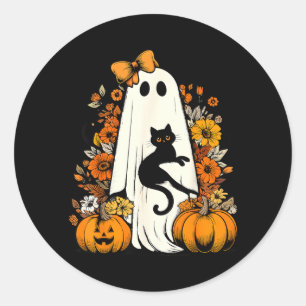 Retro Halloween Ghost Holding Black Cat Floral Classic Round Sticker