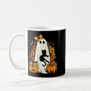 Retro Halloween Ghost Holding Black Cat Floral Coffee Mug