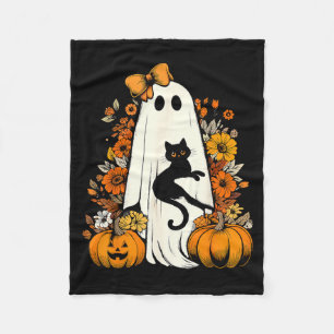 Retro Halloween Ghost Holding Black Cat Floral Fleece Blanket