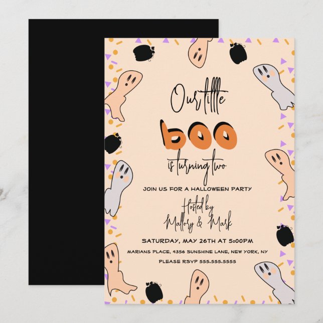 Retro Halloween Ghost Our Little Boo Confetti Invitation (Front/Back)