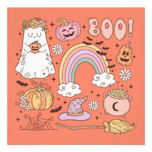 Retro Halloween Ghost Pumpkin Spider Web Witch Hat Photo Print
