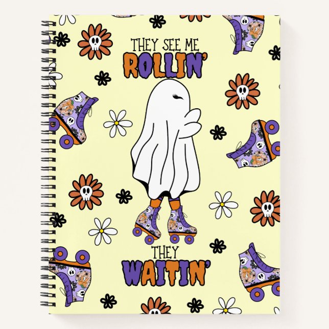 Retro Halloween Ghost with Roller Blades purple Notebook (Front)
