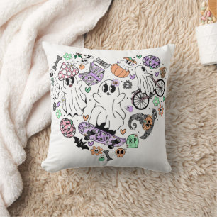 Retro Halloween Ghosts and Pumpkin Heart shape Cushion