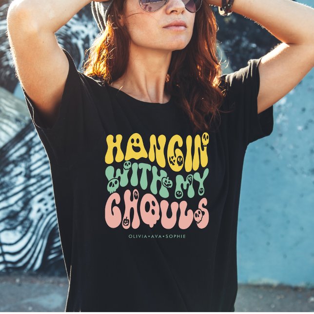 Retro Halloween Ghouls Custom Name | Green Pink  T-Shirt (Creator Uploaded)