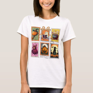 Retro Halloween Gift Stamp Ghost Cat Spooky T-Shirt