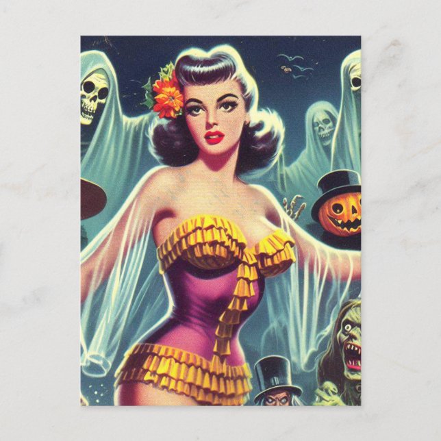 Retro Halloween Girl Postcard (Front)