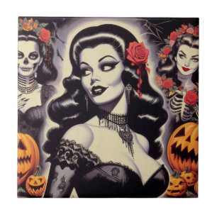 Retro Halloween Goth Pin-up Ceramic Tile