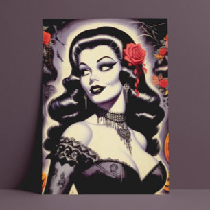 Retro Halloween Goth Pin-up Postcard