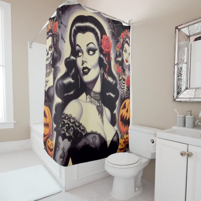 Retro Halloween Goth Pin-up Shower Curtain (In Situ)