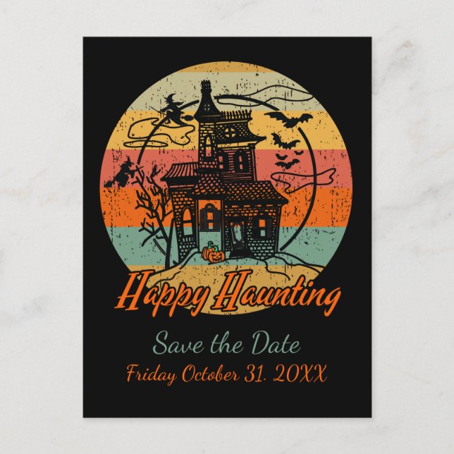 Retro Halloween Happy Haunting Haunted House Announcement Postcard (Front)
