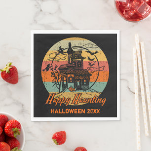 Retro Halloween Happy Haunting Haunted House Napkin
