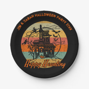Retro Halloween Happy Haunting Haunted House Paper Plate