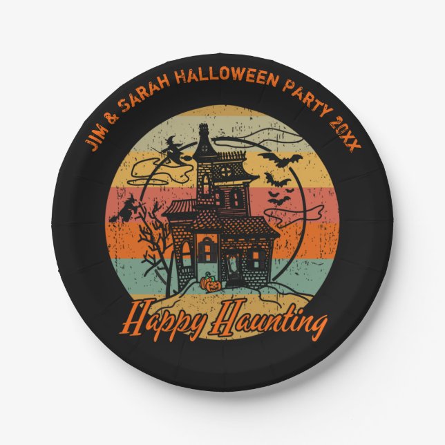 Retro Halloween Happy Haunting Haunted House Paper Plate (Front)