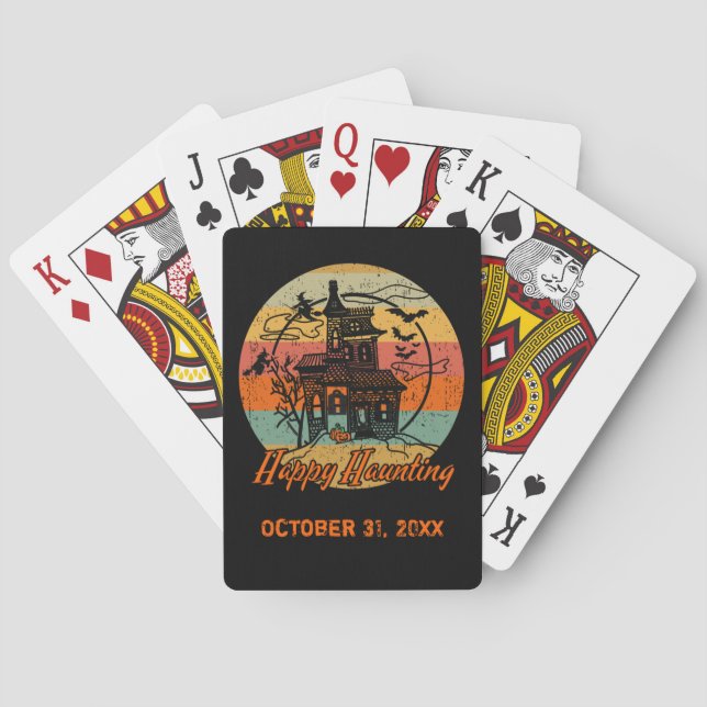 Retro Halloween Happy Haunting Haunted House Playing Cards (Back)