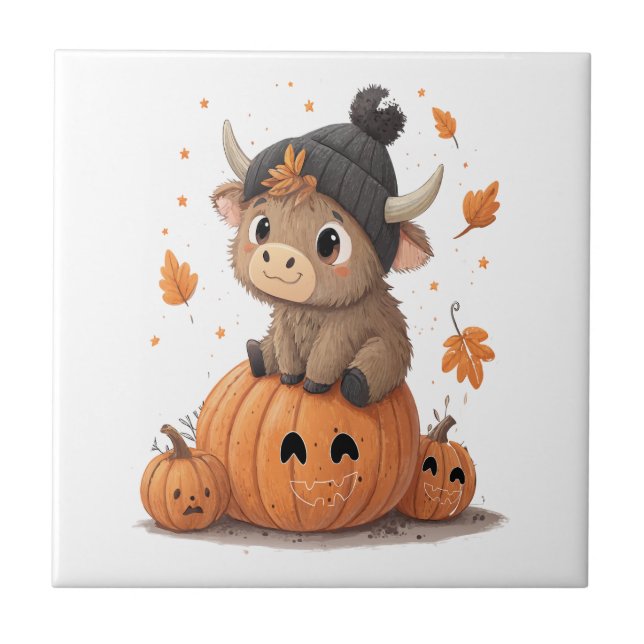 Retro Halloween Highland Cow 2 Ceramic Tile (Front)