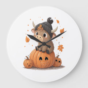 Retro Halloween Highland Cow 2 Large Clock