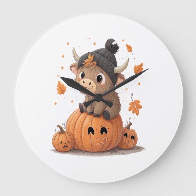 Retro Halloween Highland Cow 2 Large Clock (Front)