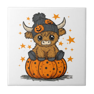 Retro Halloween Highland Cow Ceramic Tile