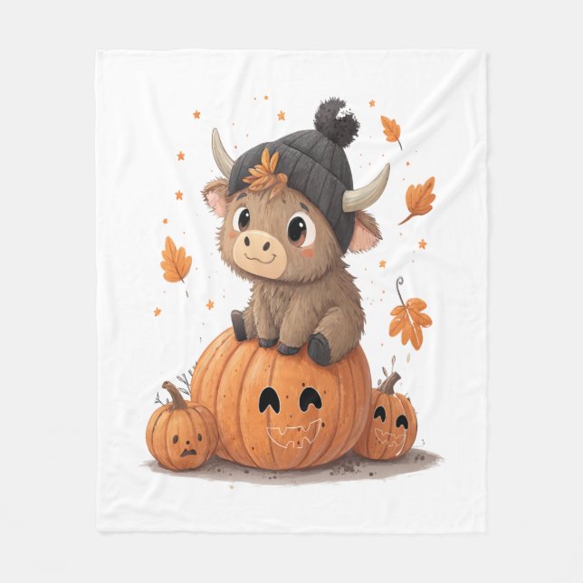 Retro Halloween Highland Cow Fleece Blanket (Front)