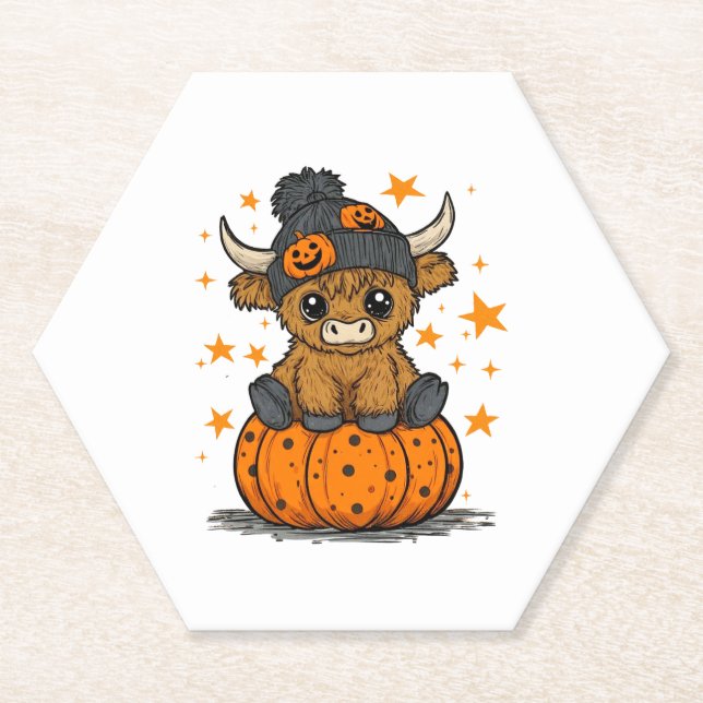 Retro Halloween Highland Cow Paper Coaster (Front)