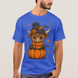 Retro Halloween Highland Cow Pumpkin Fall Cowhanks T-Shirt