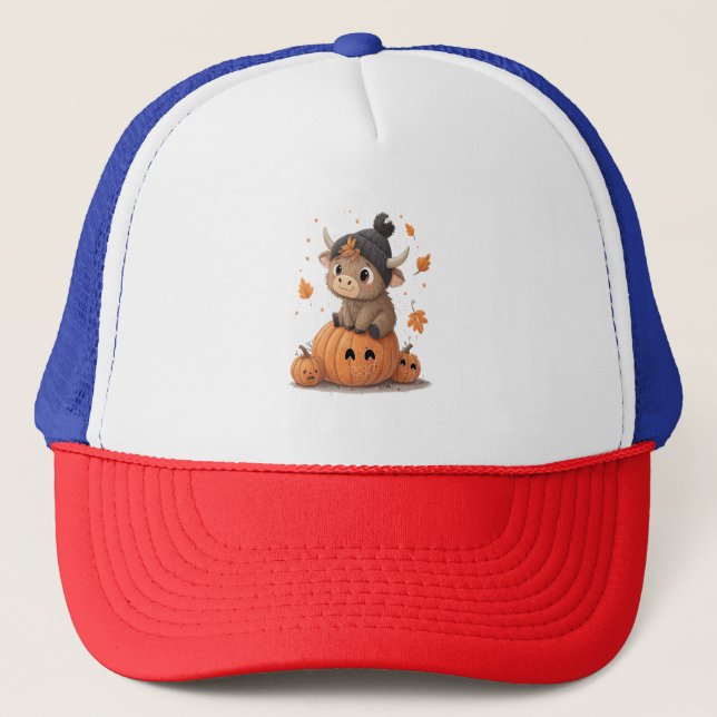 Retro Halloween Highland Cow Trucker Hat (Front)