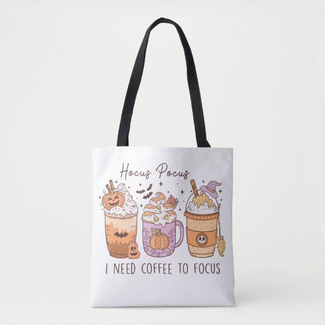Retro Halloween Hocus Pocus I Need Coffee To Focus Tote Bag (Front)