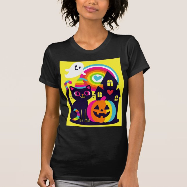  Retro Halloween Kawaii Black Cat, Pumpkin design T-Shirt (Front)