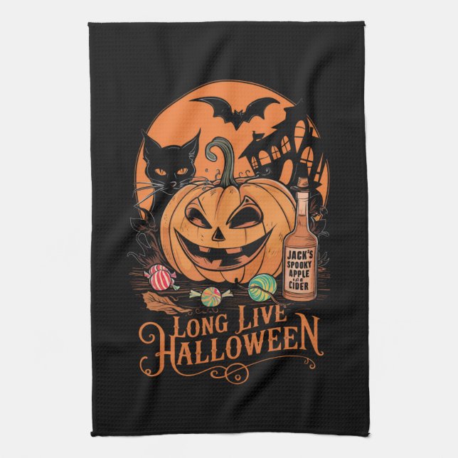 Retro Halloween Long Live Fall Spooky Season  Tea Towel (Vertical)