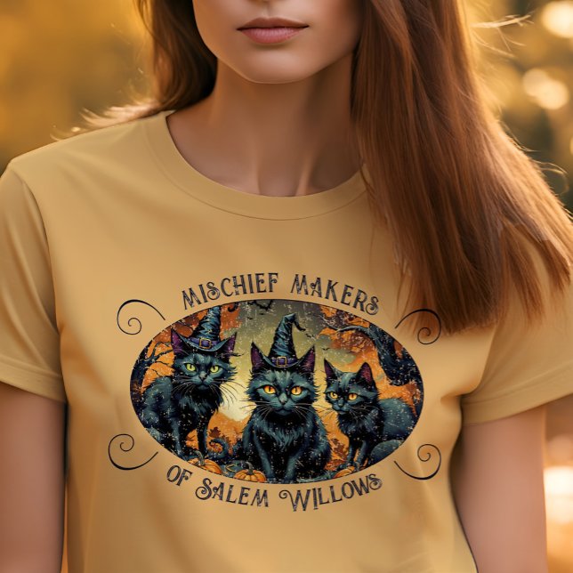 Retro Halloween Mischief Black Cats + Group Name Tri-Blend Shirt (Mischief makers retro black kittens Halloween group tee for spooky season fun!)