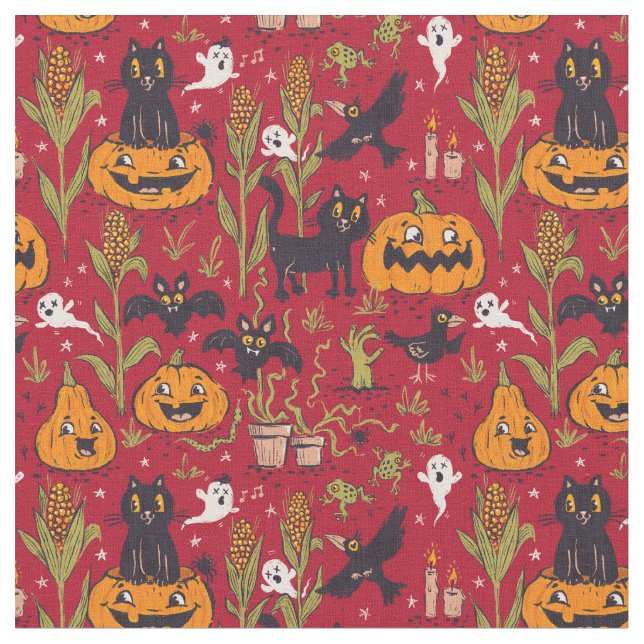 Retro Halloween pattern in vintage cartoon style. Fabric (Close Up)