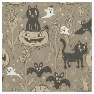 Retro Halloween pattern in vintage cartoon style. Fabric