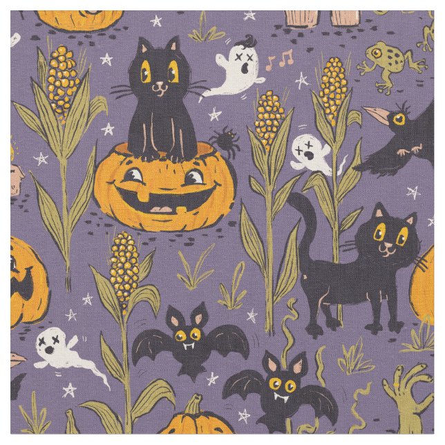 Retro Halloween pattern in vintage cartoon style. Fabric (Close Up)