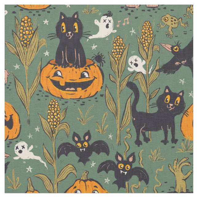 Retro Halloween pattern in vintage cartoon style. Fabric (Close Up)