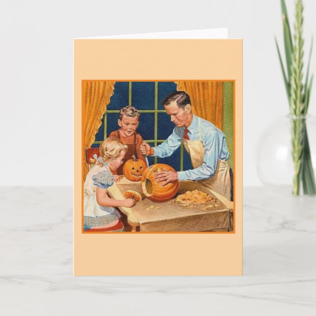 Retro Halloween Pumpkin Carving with Dad Card (Front)