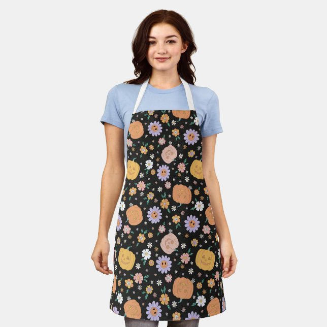 Retro Halloween Pumpkins and Flowers Pattern Apron (Worn)