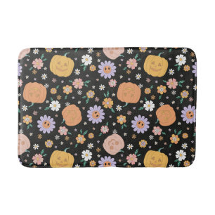 Retro Halloween Pumpkins and Flowers Pattern Bath Mat