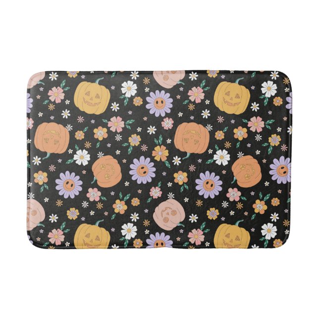 Retro Halloween Pumpkins and Flowers Pattern Bath Mat (Front)