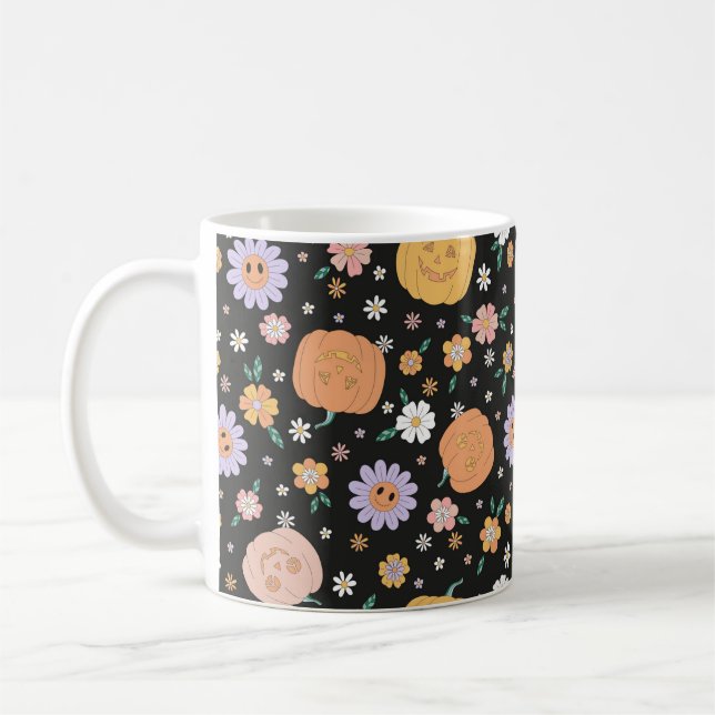 Retro Halloween Pumpkins and Flowers Pattern Coffee Mug (Left)