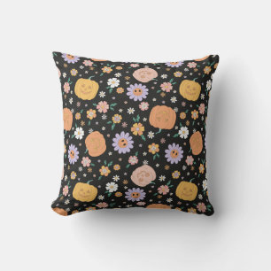 Retro Halloween Pumpkins and Flowers Pattern Cushion